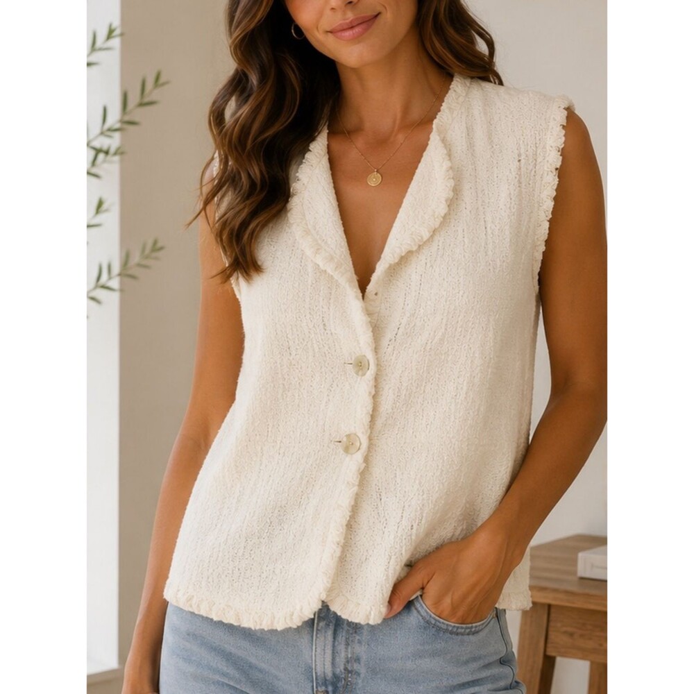 Cream Textured Button Front Sleeveless Vest Top Size L